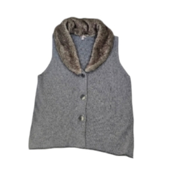 J JILL gray cotton blend  Sweater Vest with Faux Fur Collar - Picture 1 of 9